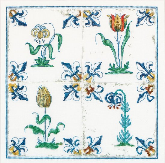 Thea Gouverneur - Borduurpakket met telpatroon - 485 - Voorgesorteerde DMC Garens - Delfts Blauwe Tegels Bloemen - Linnen - 28 cm x 28 cm - DIY Kit