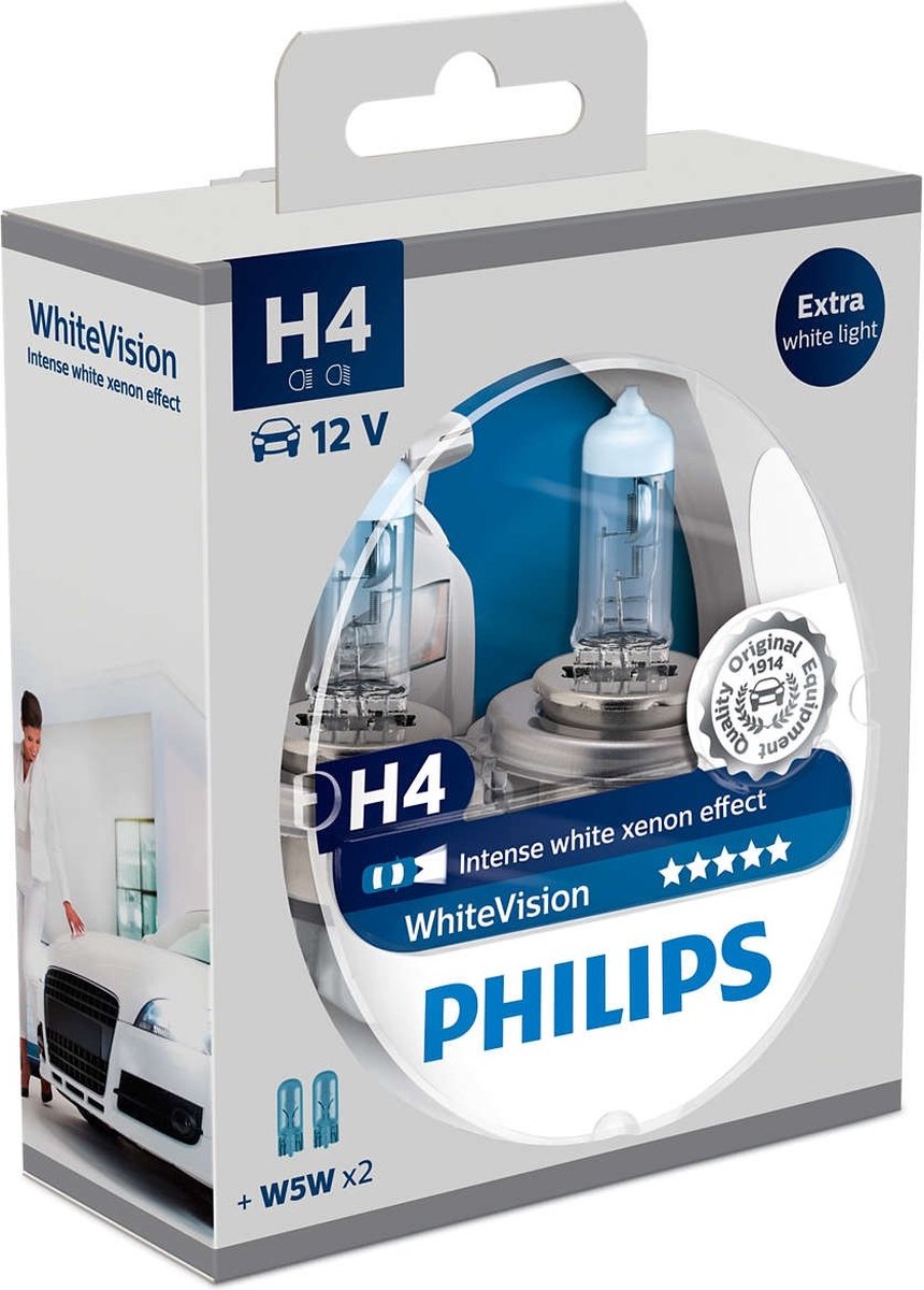 Philips WhiteVision - Jeu de lampes de voiture H4 - Comprend 2 pièces W5W