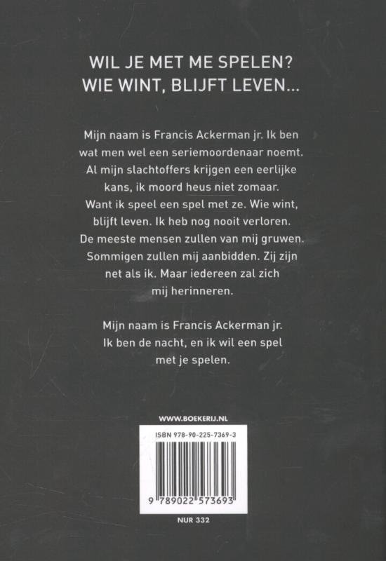 Achterkant van het boek 'Wil je met me spelen? Wie wint, blijft leven...' met tekst en ISBN.