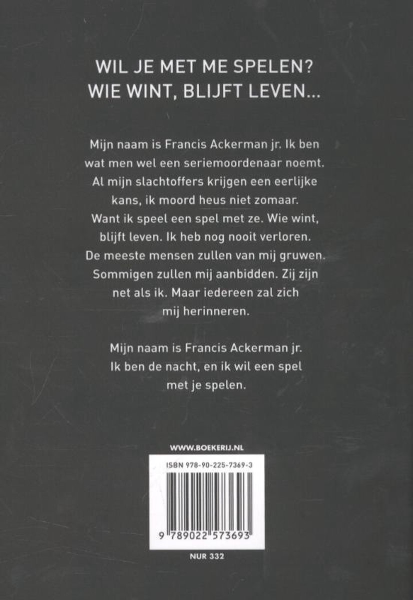 Achterkant van het boek 'Wil je met me spelen? Wie wint, blijft leven...' met tekst en ISBN.