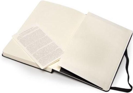 Open zwart Moleskine notitieboek met crèmekleurige, blanco pagina's en een klein vouwblaadje.