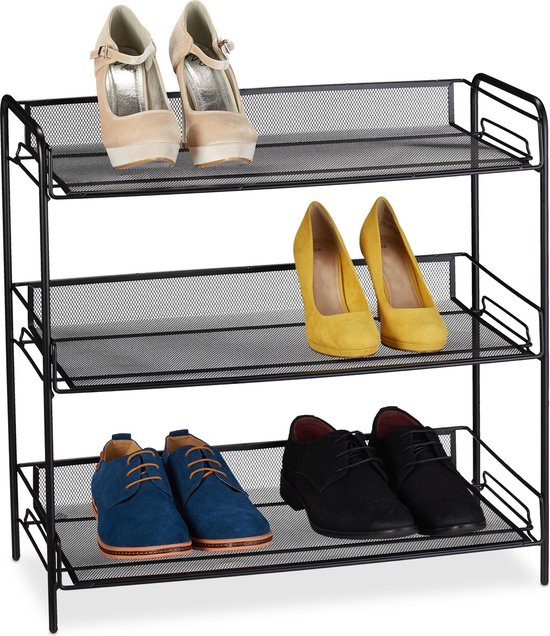 Relaxdays schoenenrek metaal - 3 etages - rek voor schoenen - schoenenopberger - opbergrek - zwart