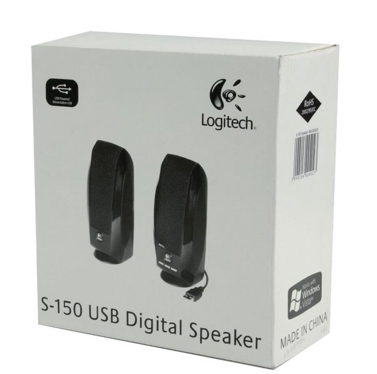 Doos van Logitech S-150 USB Digitale Speakers met afbeelding van de speakers.