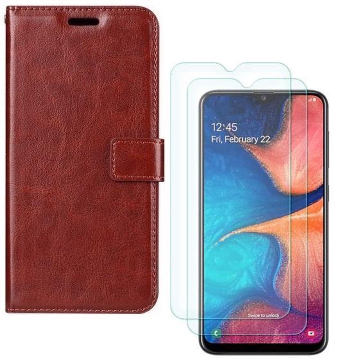 hoesje Geschikt voor: Samsung Galaxy A20E Portemonnee bruin met 2 stuks Glas Screen protector