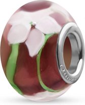 Quiges - Glazen - Kraal - Bedels - Beads Roze Wit Bloemen Past op alle bekende merken armband NG1960