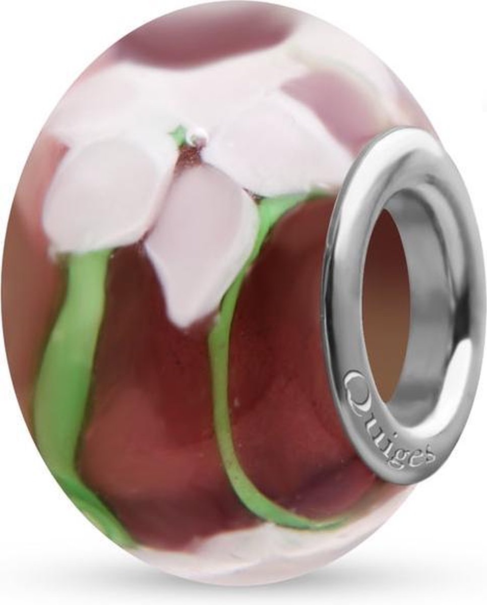 Quiges - Glazen - Kraal - Bedels - Beads Roze Wit Bloemen Past op alle bekende merken armband NG1960 - Quiges
