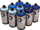 MTN Waterbasis Spuitbussen Pakket - 9x Blauw Tinten - Lage druk, matte afwerking graffiti spuitverf - 300ml