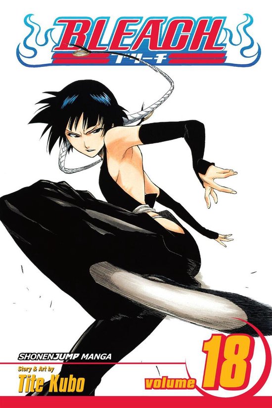 Couverture du manga Bleach, Volume 18 avec une femme aux cheveux noirs, vêtue d'une tenue noire au dos ouvert.