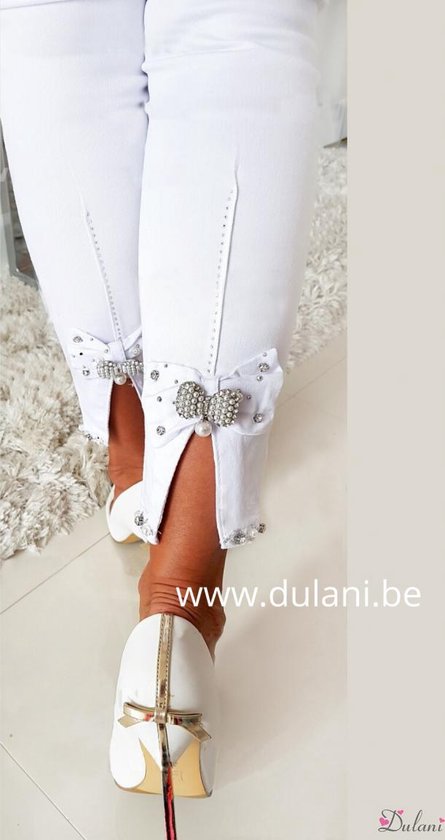 Broek met hoge taille en strikje aan de enkels witte jeans 38 | bol.com