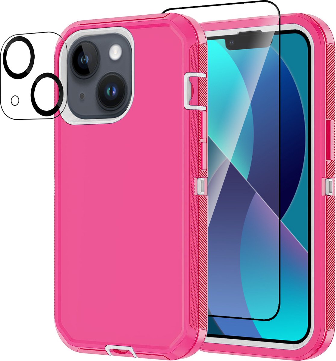 Stravo Heavy Duty iPhone 13 case met Screen Protector en Lens Protector - Roze - Dustproof shockproof telefoonhoes cover bestaande uit 3 lagen inclusief schermbeschermer en lensbeschermer - Geschikt voor Apple iPhone 13