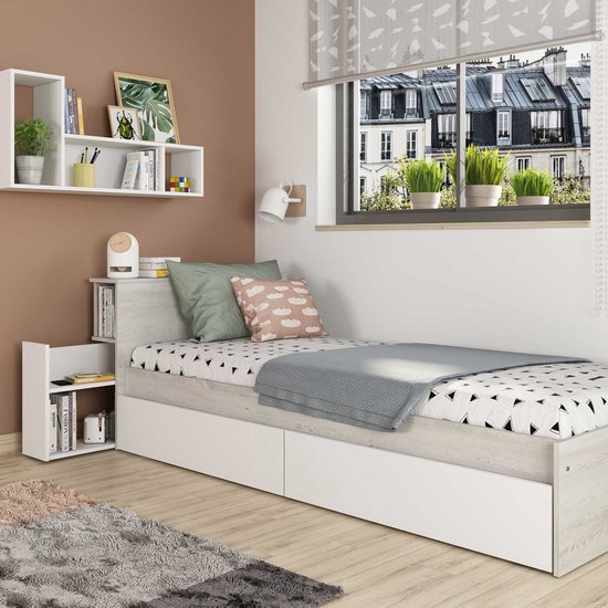 Lit simple Kazim 90x200 avec espaces de rangement - blanc - Trasman - Lits avec tiroirs - Blanc - Panneaux de particules - Lits avec tiroirs