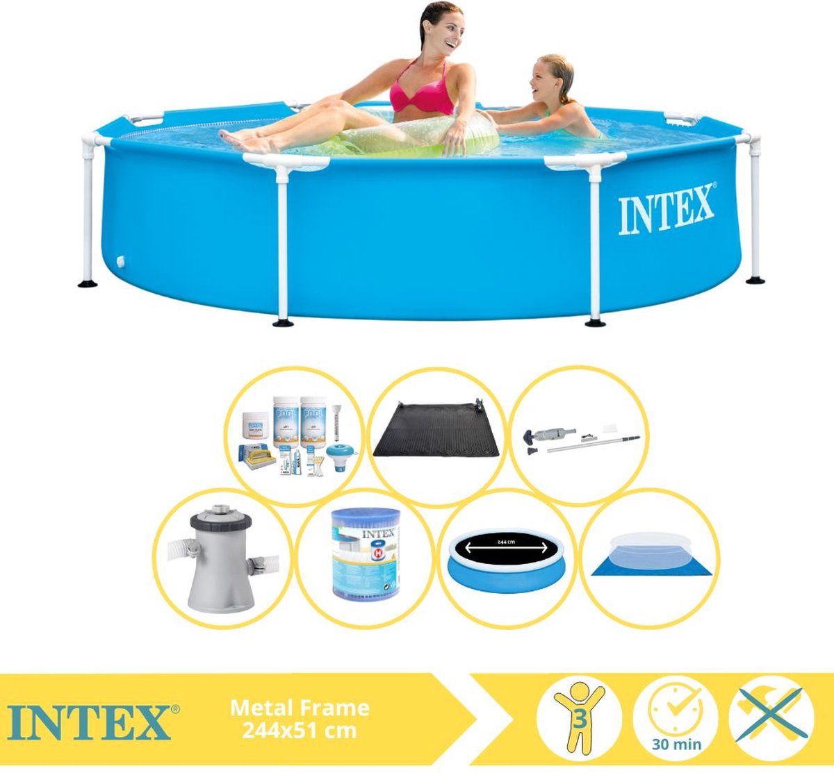 Intex Rond Frame Zwembad – 244 x 51 cm – Blauw – Inclusief Solarzeil – Onderhoudspakket – Zwembadfilterpomp – Filter – Grondzeil – Stofzuiger – Solar Mat – 8-delig