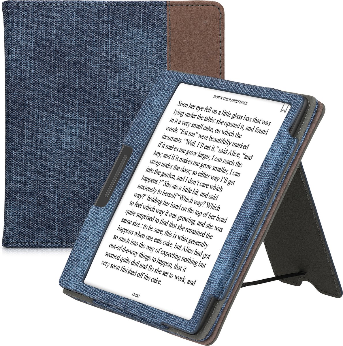kwmobile flip cover voor e-reader - Compatibel met Onyx Boox Leaf 2 - Van imitatieleer en -suède - In donkerblauw / donkergrijs