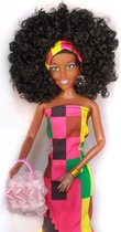 Akazidolls Naysa -Zwarte - barbie - pop met afro krullen en Afrikaanse kleding