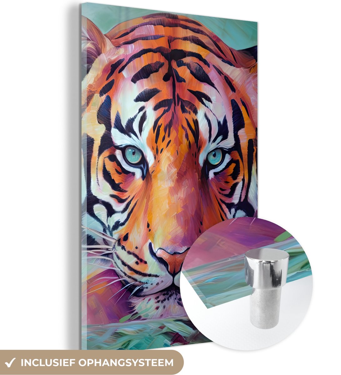 MuchoWow® Glasschilderij 80x120 cm - Schilderij acrylglas - Tijger - Olieverf - Dieren - Kunst - Foto op glas - Muurdecoratie woonkamer - Wanddecoratie slaapkamer - Schilderijen