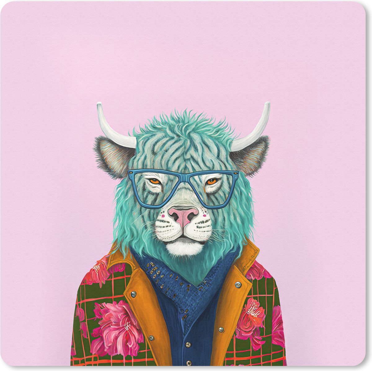 Muismat 30x30 cm - Mousepad Hoorns - Dier - Buffel - Bloemen - Koe - Muismatten