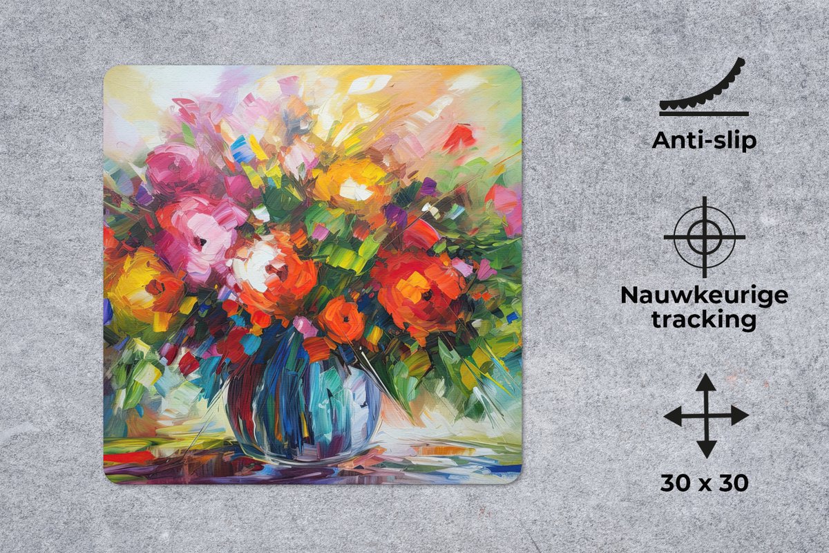 Muismat 30x30 cm - Mousepad Bloemen - Kleurrijk - Bloempot - Olieverf - Muismatten