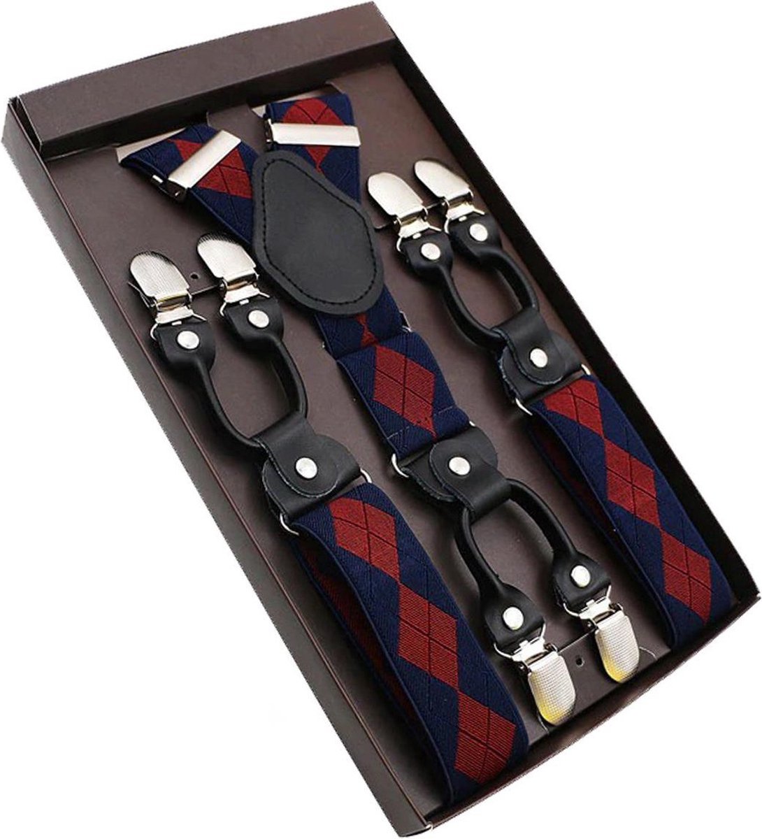 Luxe chique – heren bretels – blauw geruit met rood design – zwart leer– 6 extra stevige clips