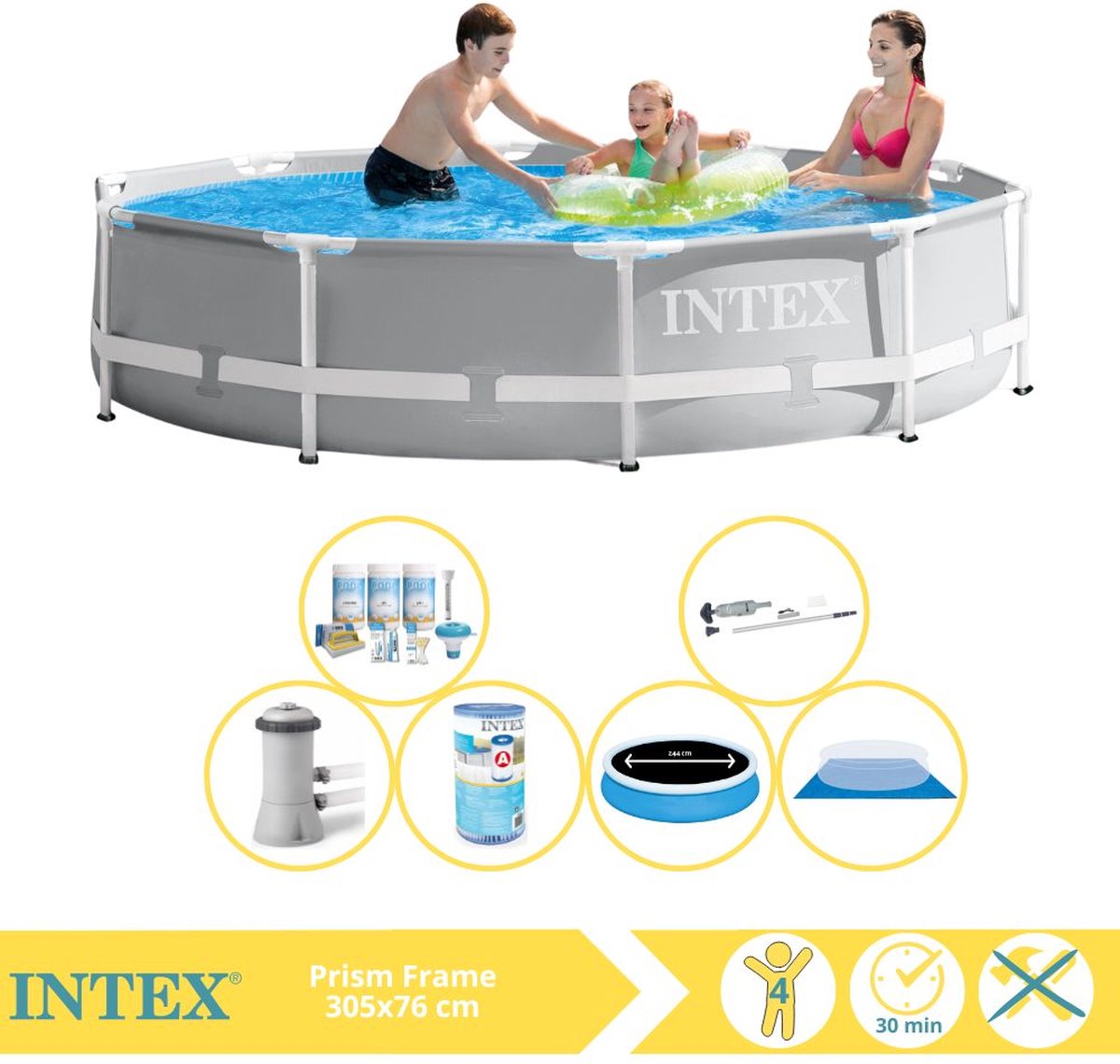 Intex Rond Prism Frame Zwembad - 366 x 76 cm - Grijs - Inclusief Pomp - Solarzeil - Onderhoudspakket - Filter - Grondzeil - Stofzuiger - 7-delig