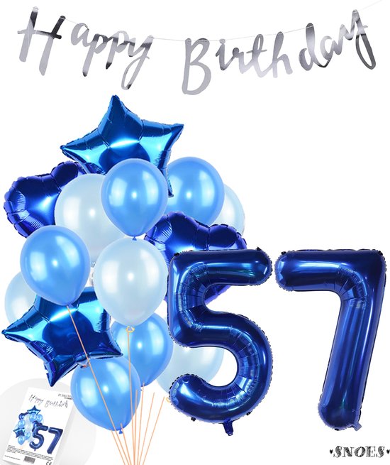 Snoes Ballonnen 57 Jaar Feestpakket – Versiering – Verjaardag Set Mason Blauw Cijferballon 57 Jaar - Heliumballon