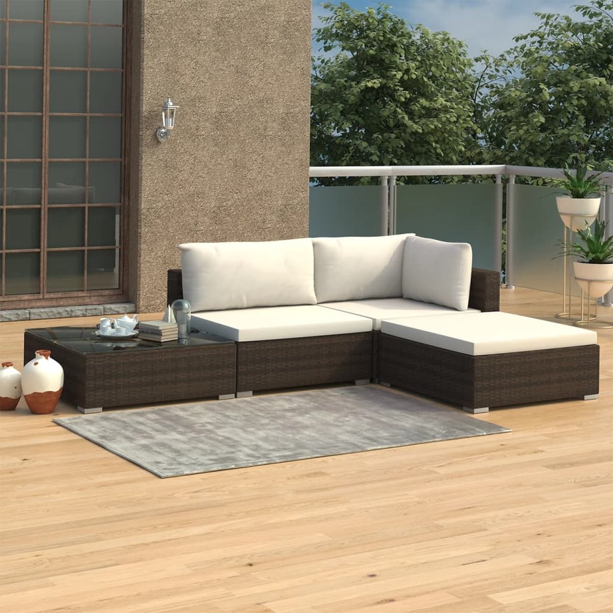 The Living Store Rattan Loungeset - 4-delig - Bruin - PE-rattan - 6 cm dikke kussens