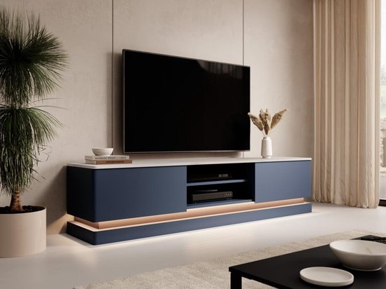 PASCAL MORABITO Tv-meubel met 2 lades en 2 nissen met ledverlichting - Mdf - Blauw met wit marmereffect - DEVIKA - van Pascal Morabito L 190 cm x H 44 cm x D 40 cm