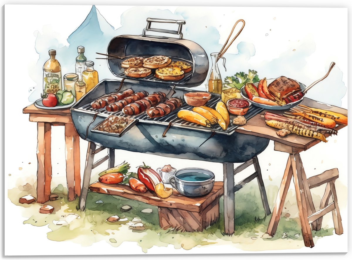 PVC Schuimplaat - Tekening met Barbecue met Eten - 40x30 cm Foto op PVC Schuimplaat (Met Ophangsysteem)