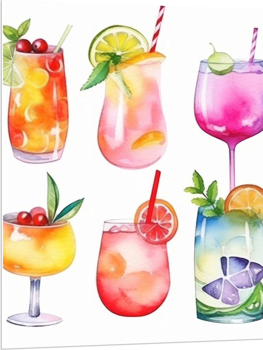 PVC Schuimplaat - Waterverf Tekening van Verschillende Kleuren Cocktails op Witte Achtergrond - 75x100 cm Foto op PVC Schuimplaat (Met Ophangsysteem)