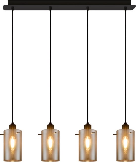 Moderne mat zwarte hanglamp met smoke grijs glas 4-lichts - Worth