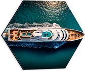 Dibond Hexagon - Bovenaanzicht van Varend Cruiseschip - 30x26.1 cm Foto op Hexagon (Met Ophangsysteem)