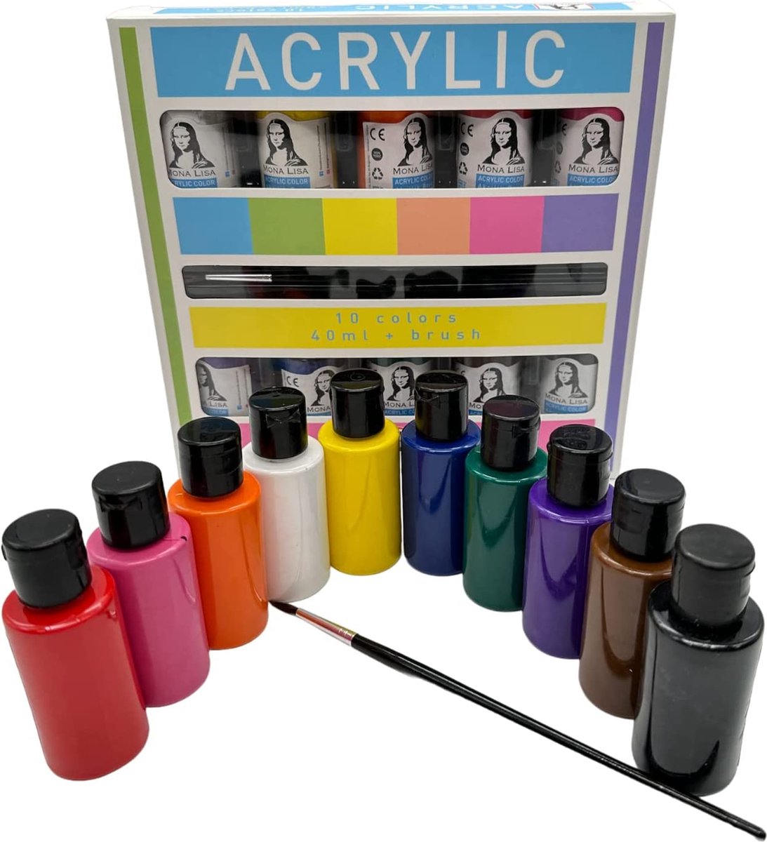 Südor Monalisa acrylverfset met penseel, 10 x 40 ml acrylset, voor kinderen en volwassenen om te schilderen op hout, steen en canvas, 10 kleuren + penseel — afbeelding 5