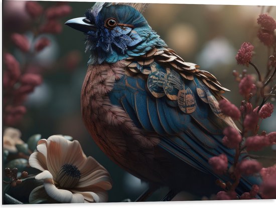Dibond - Blauwe Gaai Vogel met Kleurrijke Veren en Bloemen - 80x60 cm Foto op Aluminium (Met Ophangsysteem)