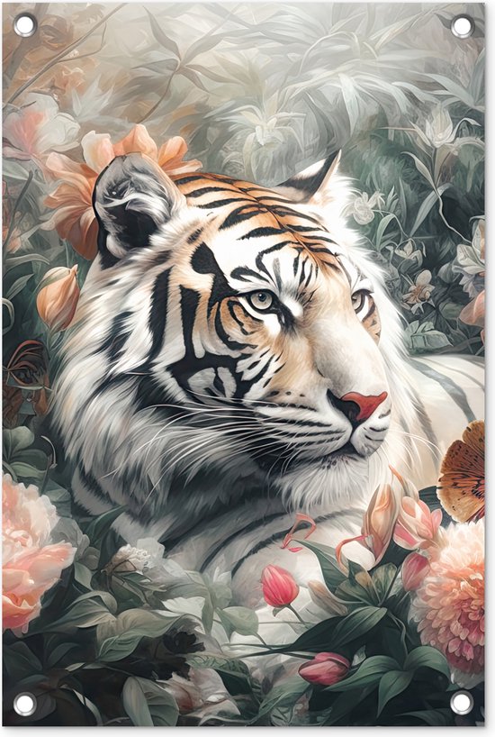 Tableau sur toile Tigre - Papillons - Animaux - Jungle - Fleurs - 120x80 cm  