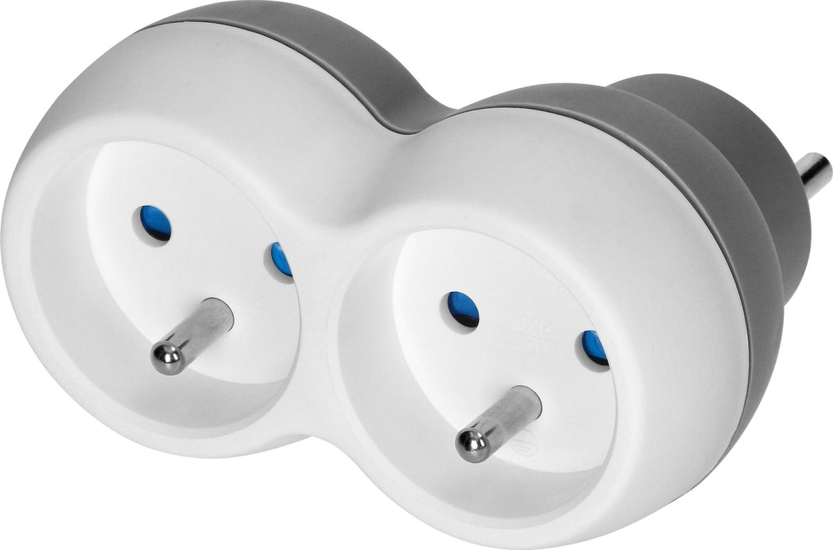 Stopcontact splitter - Verdeelstekker horizontaal - Verloopstekker 2x French - Doorvoerstekker Max 3680 Watt - Wit