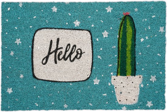 Relaxdays deurmat kokos 'hello' - cactus - kokosmat met tekst - 40 x 60 cm - kleurrijk