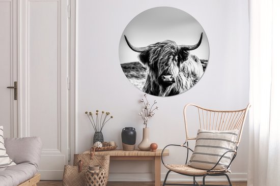 WallCircle - Cercle Mural - Cercle Mural - Vache - Highlander écossais - Zwart - Wit - Animal - Nature - Sauvage - Aluminium - Dibond - 120x120 cm - Intérieur et Extérieur XXL