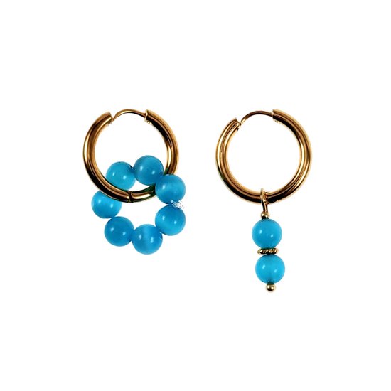 ∅19mm Oorringen Dames - Natuurlijke Kattenoog Steen Turquoise - Verguld RVS - Oorbellen met Kralen Hangers