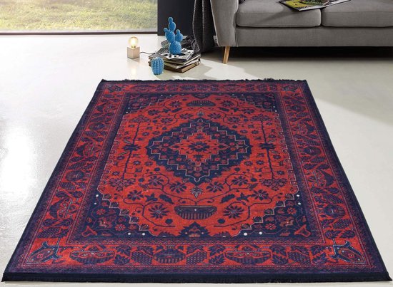 Flycarpets Hana Wasbaar Vloerkleed Vintage Zwart / Rood - Voor binnen en buiten - Laagpolig - Wasbaar op 30° - 80x150 cm