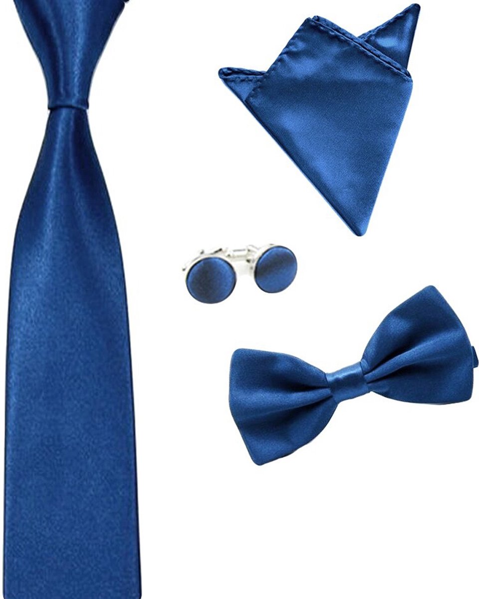 Luxe set stropdas - vlinderstrik - pochette - manchetknopen - Donkerblauw - strik - strikje - vlinderdas - pochet - heren - Cadeau