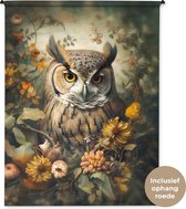 Wandkleed - Wanddoek - Uil - Vogels - Bloemen - Natuur - 150x200 cm - Wandtapijt