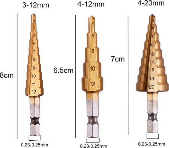 HSS Stappenboor bit boorset stappen boor kegelboor set 3 delig 3 - 12 mm 4 - 12 mm 4 - 20 mm voor metaal en hout met opberg hoesje - HSS