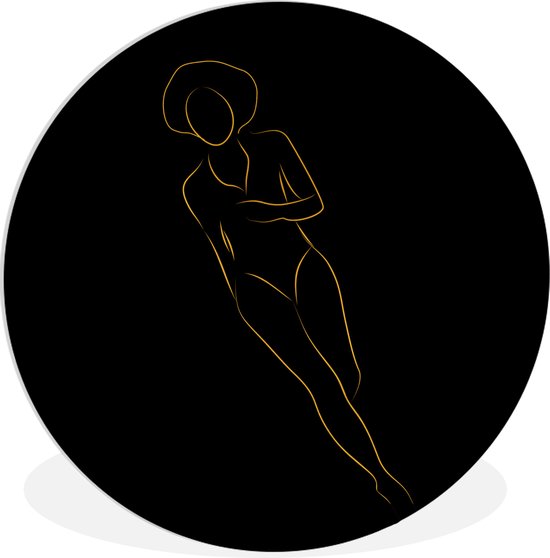 WallCircle - Wandcirkel ⌀ 30 - Vrouw - Gold - Black - Line art - Ronde schilderijen woonkamer - Wandbord rond - Muurdecoratie cirkel - Kamer decoratie binnen - Wanddecoratie muurcirkel - Woonaccessoires