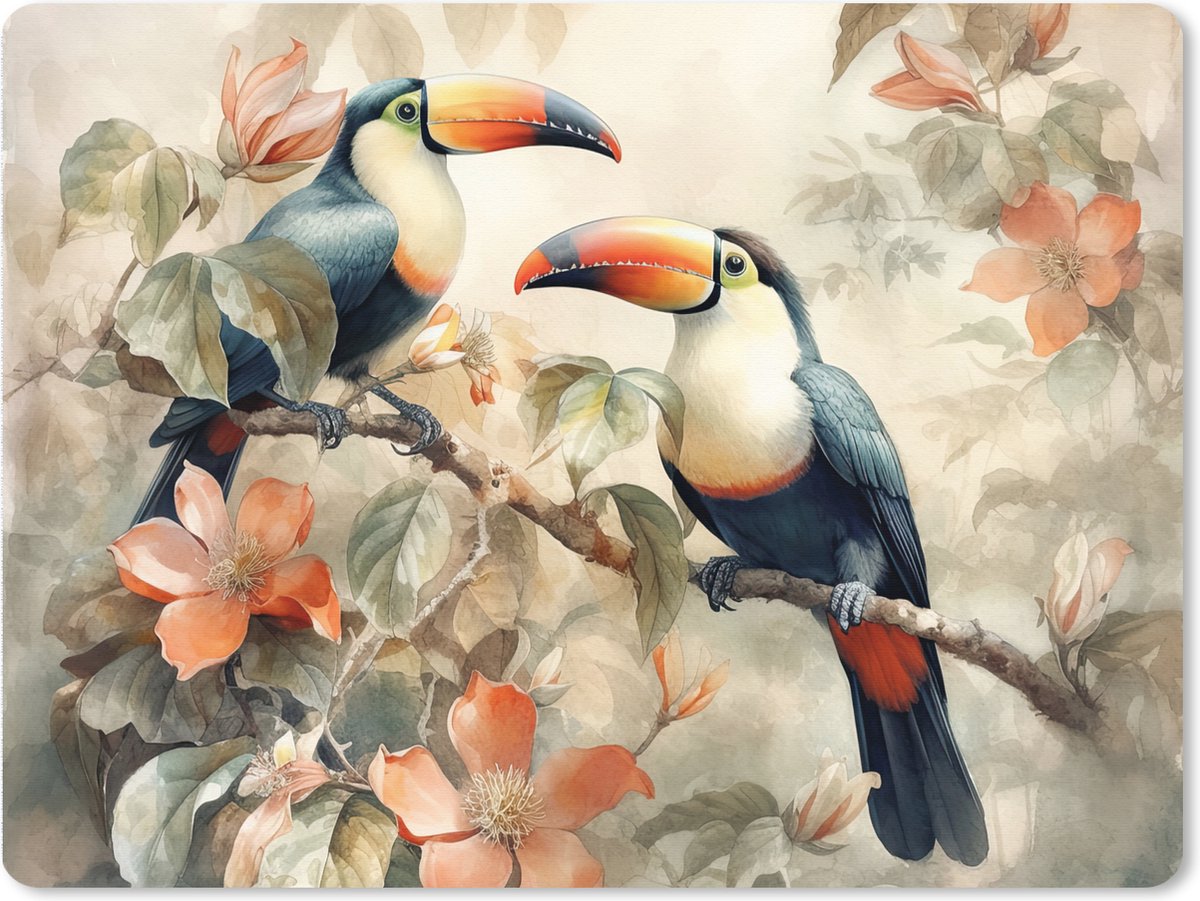 Muismat XXL 80x60 cm - Bureau onderlegger - Bureau mat Toekan - Vogels - Bloemen - Tak - Bureaumat - Gaming mousepad xl - Bureaulegger groot - Computer deskmat