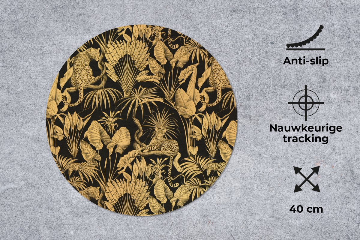 Muismat rond 40x40 cm - Mousepad Jungle - Goud - Patronen - Luxe - Black en gold - Ronde muismatten
