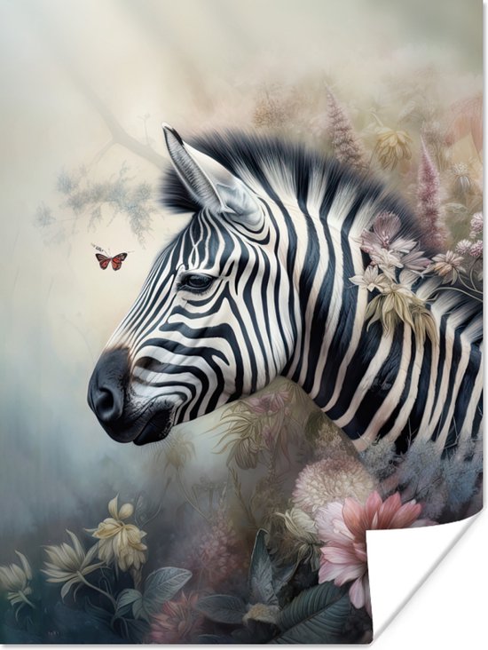 Poster Zebra - Wilde dieren - Vlinder - Bloemen