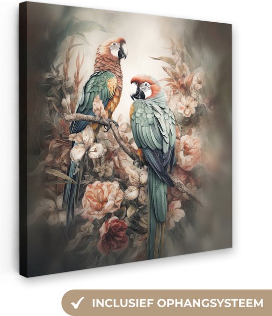 Canvas Schilderij Papegaaien - Vogels - Natuur - Bloemen - 20x20 cm - Wanddecoratie
