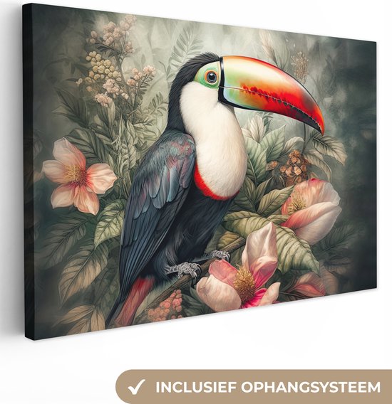 Canvas Schilderij Toekan - Vogels - Bloemen - Planten - Tropisch - 120x80 cm - Wanddecoratie