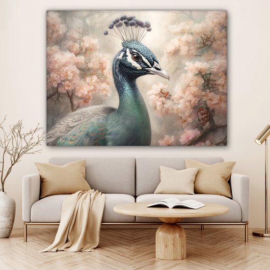 Tableau sur toile Paon - Vogels - Fleurs - Arbre - Botanique - 160x120 cm - Décoration murale XXL