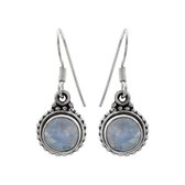 Zilveren oorbellen met hanger dames | Zilveren oorhangers, ronde maansteen met rand van bolletjes
