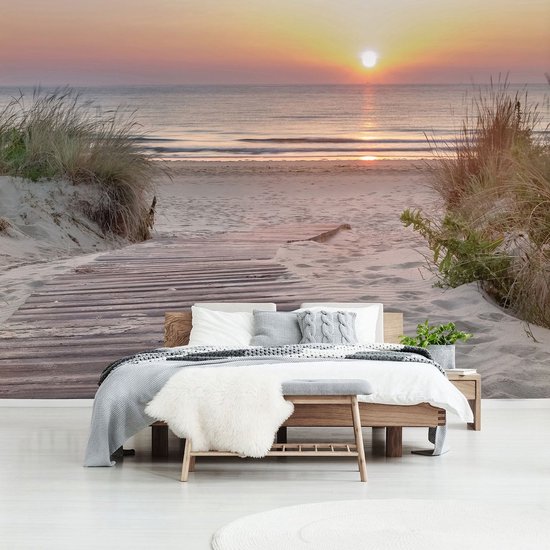 Papier peint photo - Papier peint intissé - Coucher de soleil sur la mer sur les dunes et la plage - 520 x 318 cm